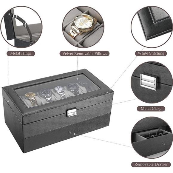 12 Slots Watch Box Case for Men Women, Mens Jewelry Organizer Watch Holder - Picture 5 of 6